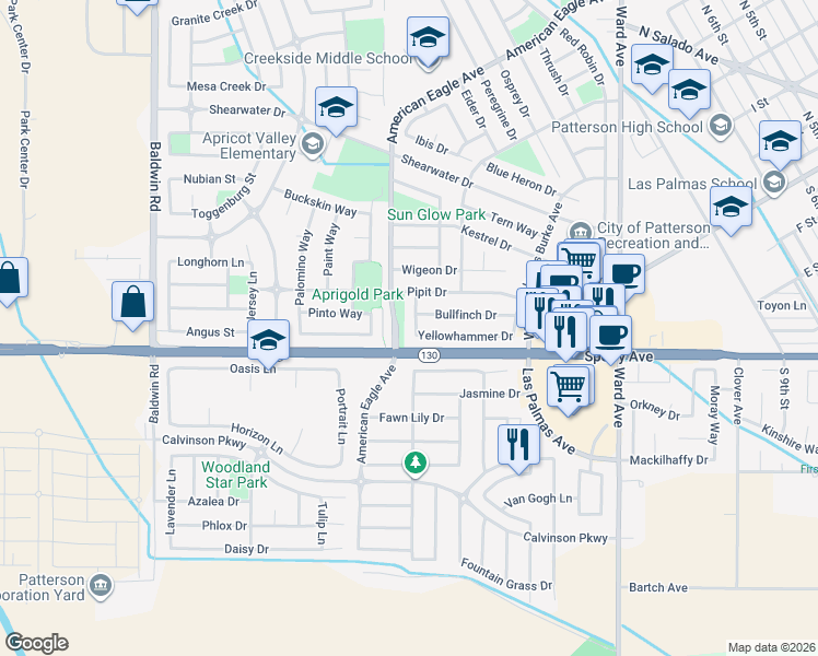 map of restaurants, bars, coffee shops, grocery stores, and more near 71 Black Crow Lane in Patterson