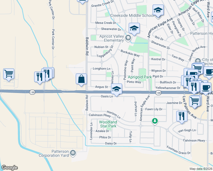 map of restaurants, bars, coffee shops, grocery stores, and more near 1418 Berrendas Street in Patterson
