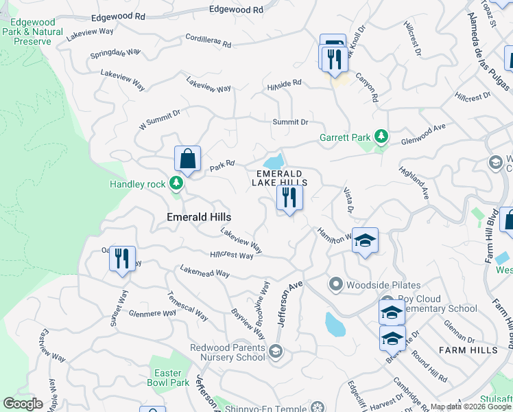 map of restaurants, bars, coffee shops, grocery stores, and more near 3602 Oak Knoll Drive in Emerald Hills