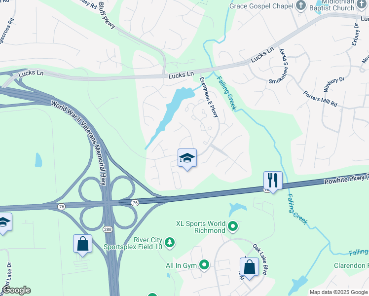 map of restaurants, bars, coffee shops, grocery stores, and more near 12539 Saint Croix Place in Midlothian