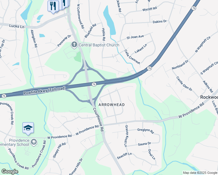 map of restaurants, bars, coffee shops, grocery stores, and more near 1901 Arrow Point Trail in Rockwood