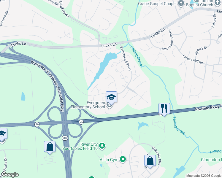 map of restaurants, bars, coffee shops, grocery stores, and more near 12539 Saint Croix Place in Midlothian