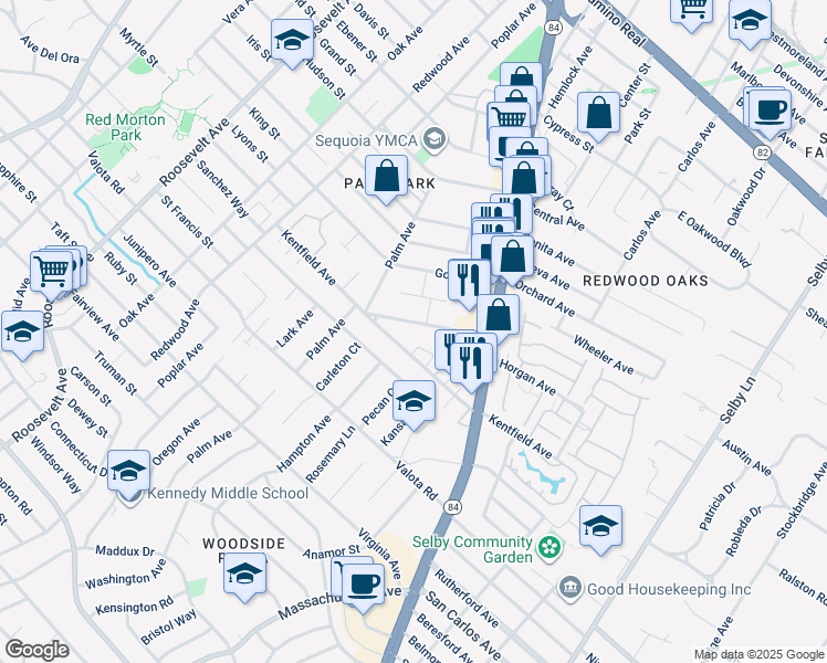 map of restaurants, bars, coffee shops, grocery stores, and more near 1570 Union Avenue in Redwood City