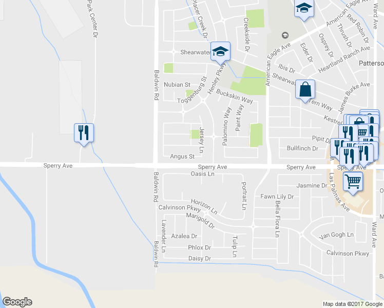 map of restaurants, bars, coffee shops, grocery stores, and more near 1413 Angus Street in Patterson