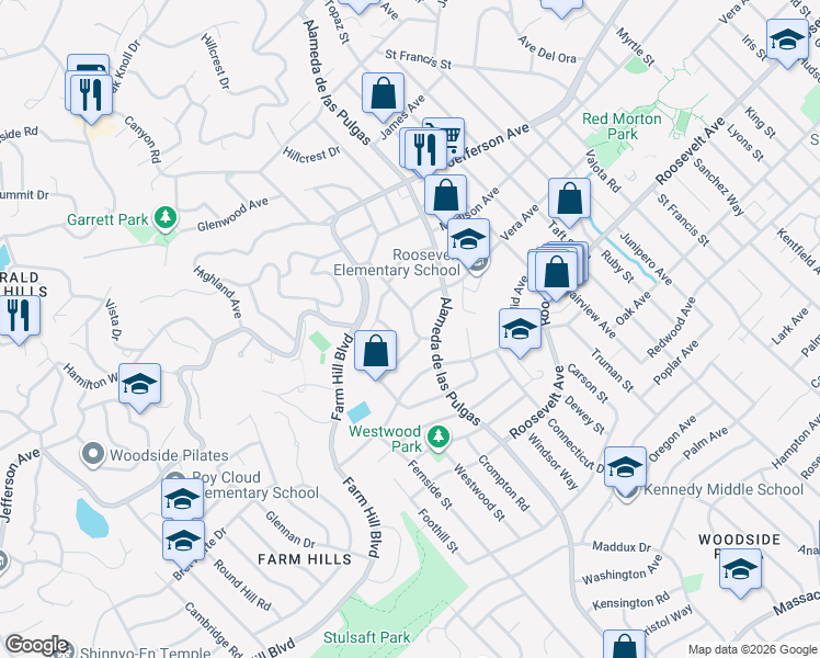map of restaurants, bars, coffee shops, grocery stores, and more near 818 Crompton Road in Redwood City