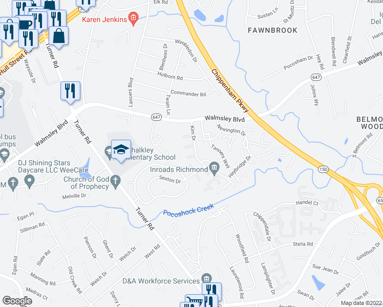 map of restaurants, bars, coffee shops, grocery stores, and more near 3142 Kim Drive in Richmond