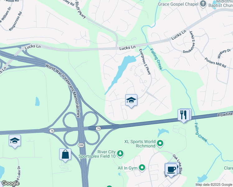map of restaurants, bars, coffee shops, grocery stores, and more near 1605 Church Bay Road in Midlothian