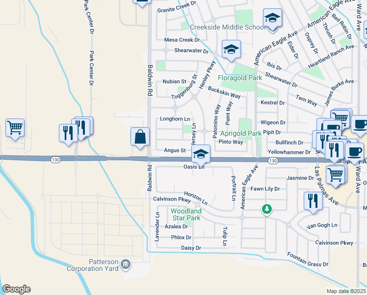 map of restaurants, bars, coffee shops, grocery stores, and more near 1413 Angus Street in Patterson