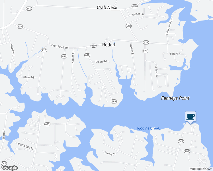 map of restaurants, bars, coffee shops, grocery stores, and more near 392 Mariners Point Road in Hudgins
