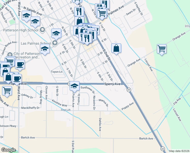 map of restaurants, bars, coffee shops, grocery stores, and more near 425 S 4th St in Patterson