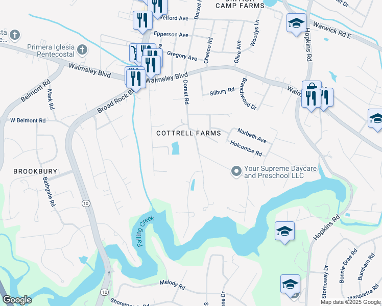 map of restaurants, bars, coffee shops, grocery stores, and more near 3934 Dorset Road in Richmond