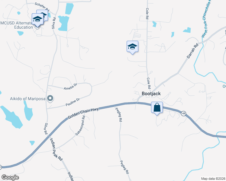 map of restaurants, bars, coffee shops, grocery stores, and more near 3977 Spring Court in Mariposa