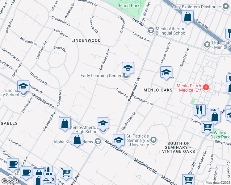 map of restaurants, bars, coffee shops, grocery stores, and more near 162 Toyon Road in Atherton