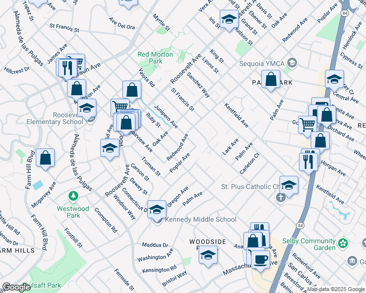map of restaurants, bars, coffee shops, grocery stores, and more near 1835 Redwood Avenue in Redwood City