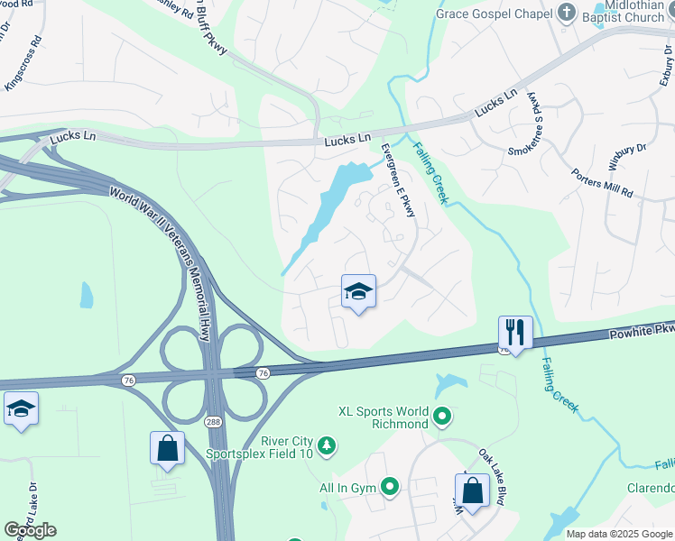 map of restaurants, bars, coffee shops, grocery stores, and more near 12538 Saint Croix Place in Midlothian