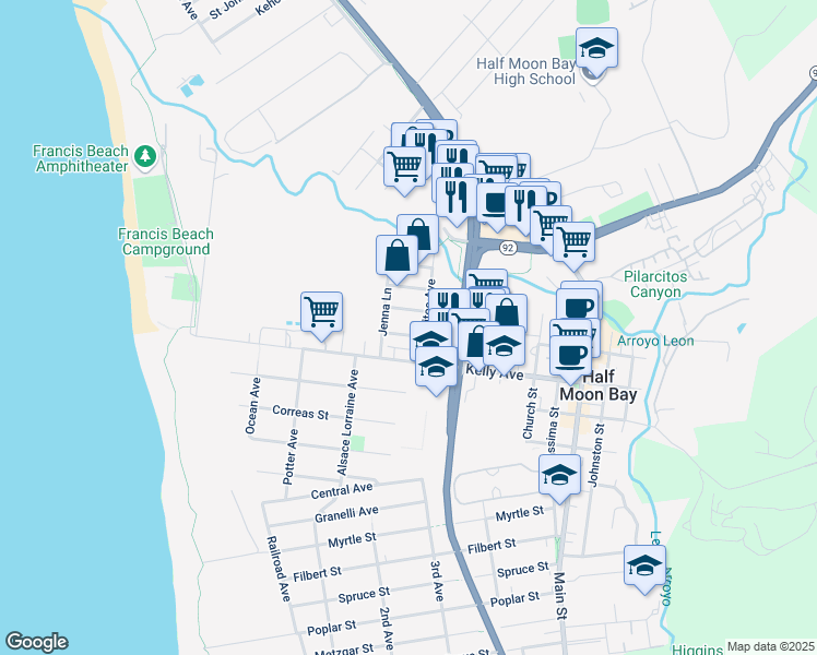 map of restaurants, bars, coffee shops, grocery stores, and more near 481 Pine Avenue in Half Moon Bay