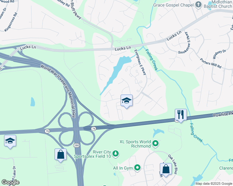 map of restaurants, bars, coffee shops, grocery stores, and more near 12600 Paget Court in Midlothian