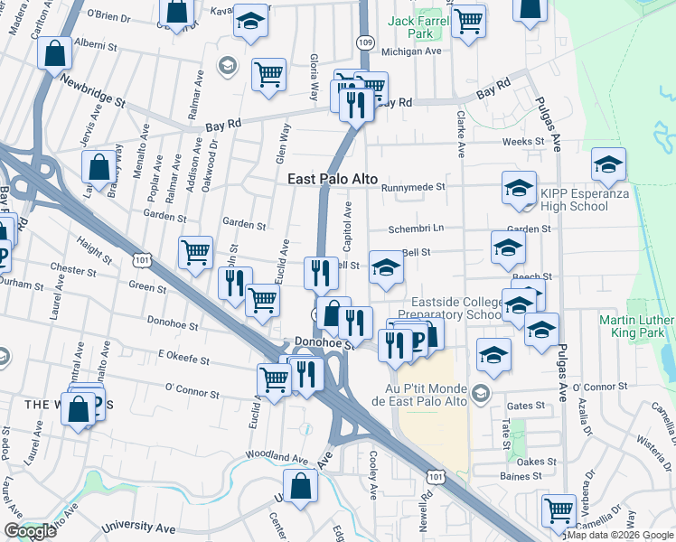 map of restaurants, bars, coffee shops, grocery stores, and more near 616 Bell Street in East Palo Alto