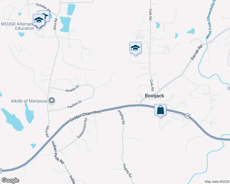 map of restaurants, bars, coffee shops, grocery stores, and more near 3977 Spring Court in Mariposa