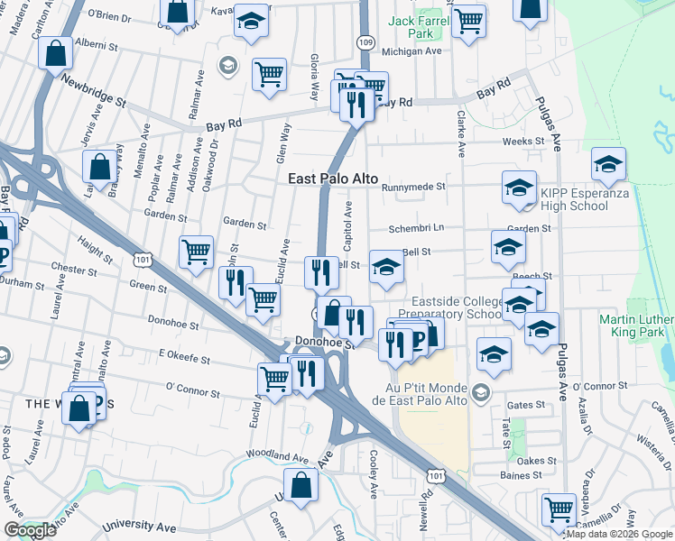 map of restaurants, bars, coffee shops, grocery stores, and more near 616 Bell Street in East Palo Alto