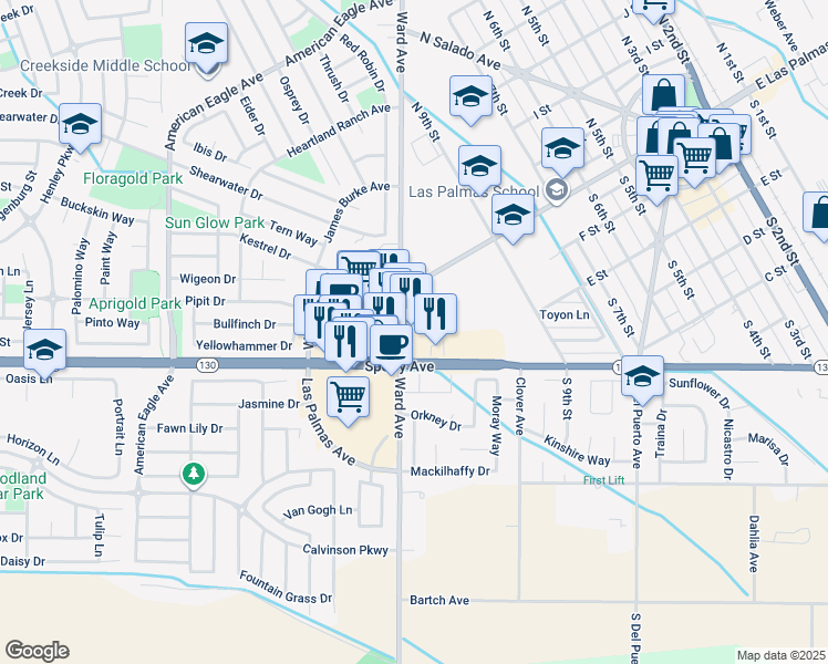 map of restaurants, bars, coffee shops, grocery stores, and more near 102 Ward Avenue in Patterson