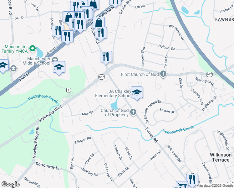 map of restaurants, bars, coffee shops, grocery stores, and more near 3136 Turner Road in Chesterfield