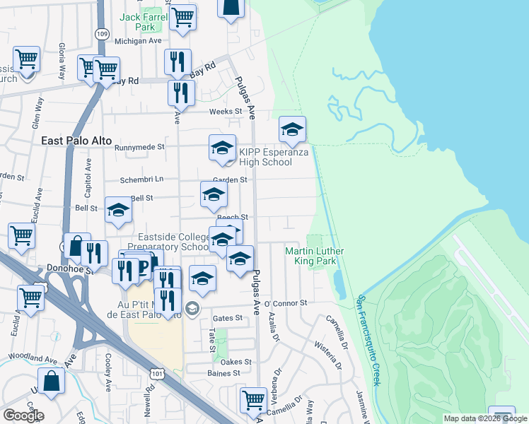 map of restaurants, bars, coffee shops, grocery stores, and more near 1135 Beech Street in East Palo Alto
