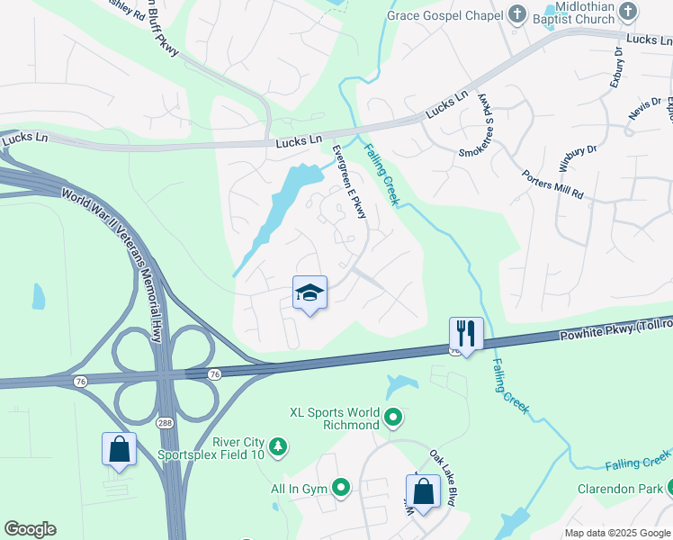 map of restaurants, bars, coffee shops, grocery stores, and more near 1514 Old Lyme Lane in Midlothian