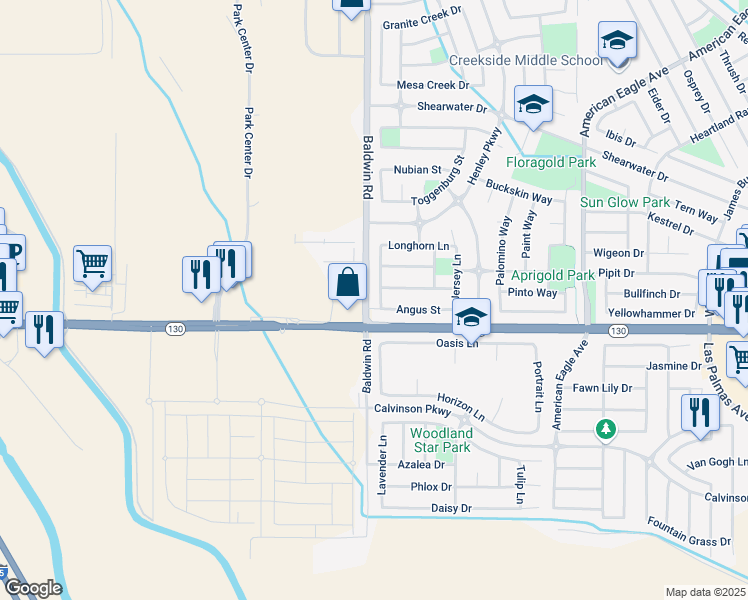 map of restaurants, bars, coffee shops, grocery stores, and more near 25 Shorthorn Street in Patterson