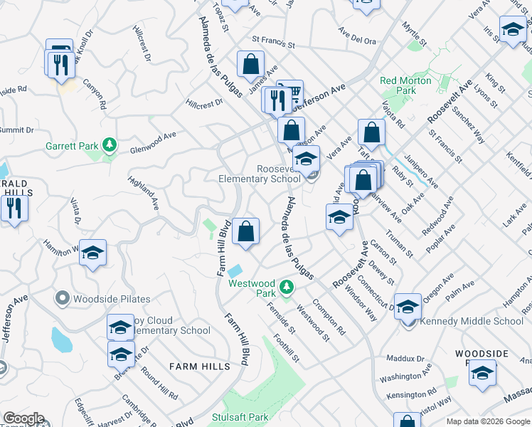 map of restaurants, bars, coffee shops, grocery stores, and more near 818 Crompton Road in Redwood City