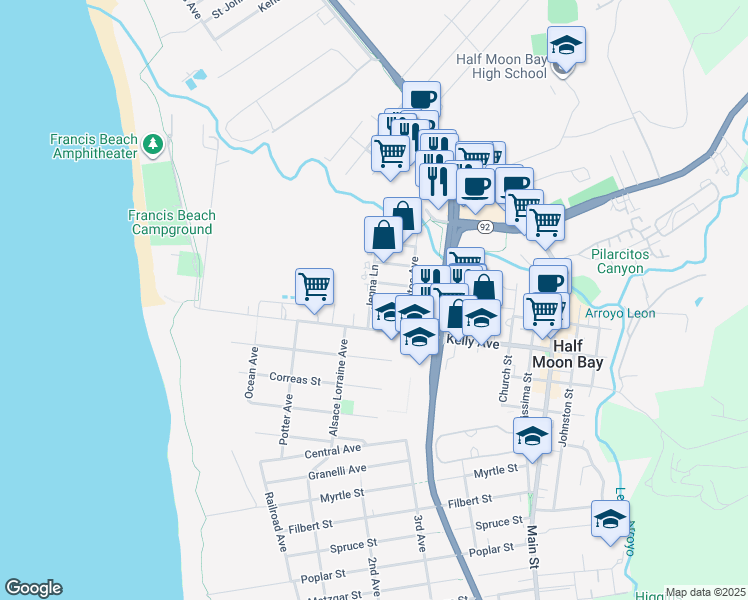 map of restaurants, bars, coffee shops, grocery stores, and more near 12 Jenna Lane in Half Moon Bay