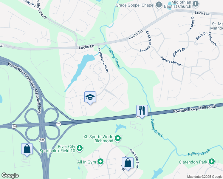 map of restaurants, bars, coffee shops, grocery stores, and more near 12324 Boxford Lane in Midlothian