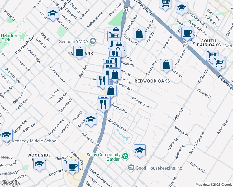 map of restaurants, bars, coffee shops, grocery stores, and more near 106 Danbury Lane in Redwood City