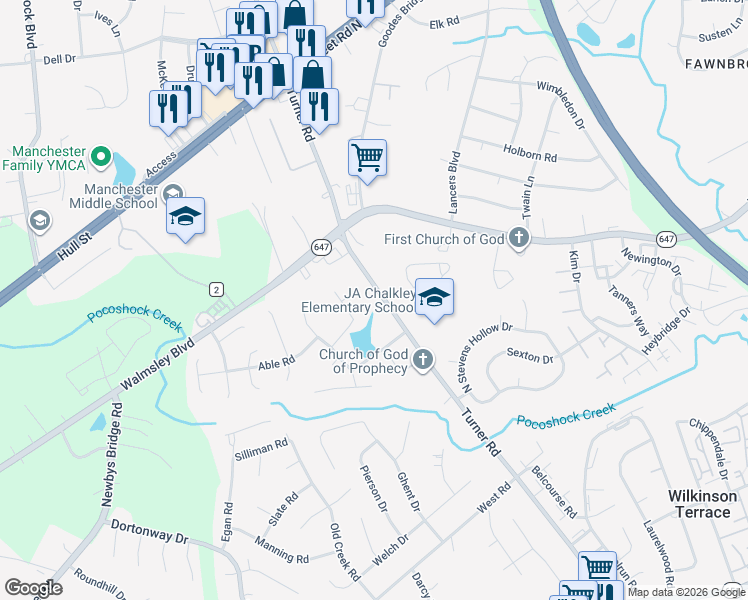 map of restaurants, bars, coffee shops, grocery stores, and more near 3136 Turner Road in Chesterfield