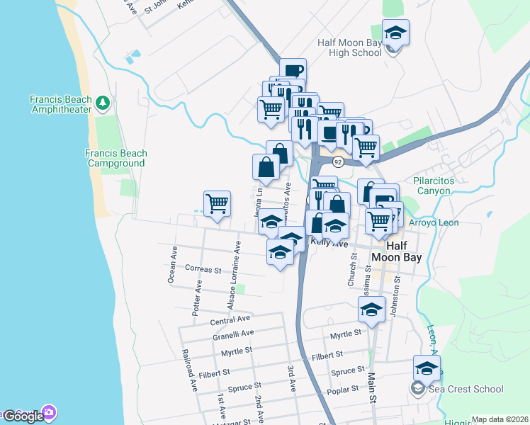 map of restaurants, bars, coffee shops, grocery stores, and more near 455 Pine Avenue in Half Moon Bay
