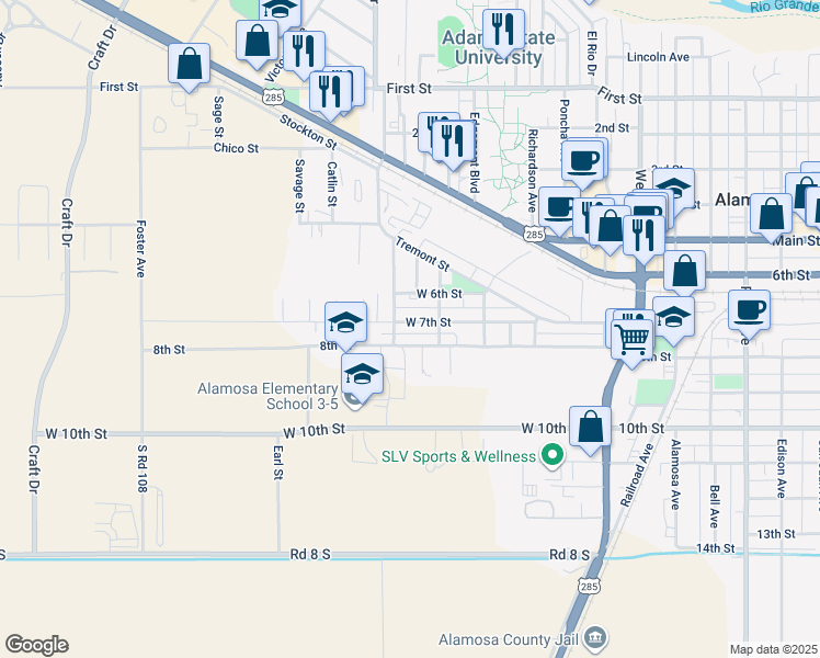 map of restaurants, bars, coffee shops, grocery stores, and more near 1664 West 7th Street in Alamosa