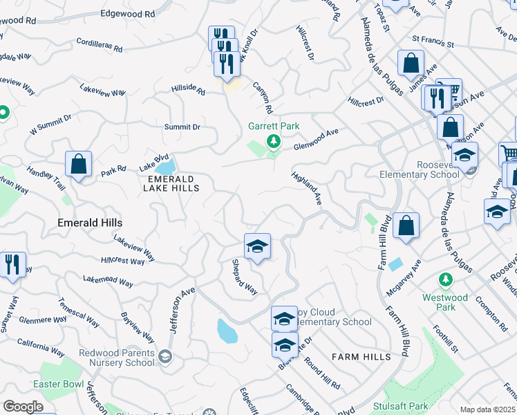 map of restaurants, bars, coffee shops, grocery stores, and more near 819 Villa Vista Street in Emerald Hills