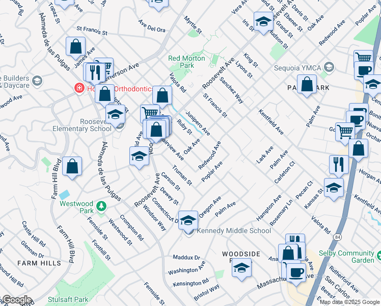 map of restaurants, bars, coffee shops, grocery stores, and more near 1231 Virginia Avenue in Redwood City