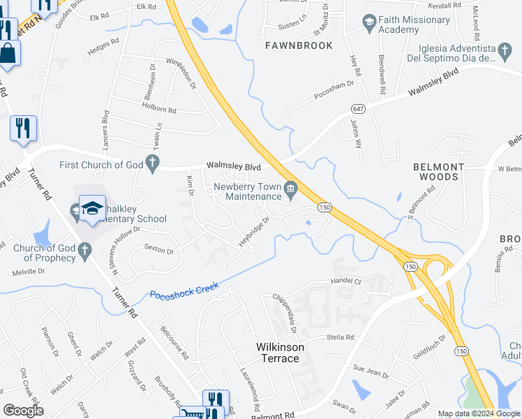 map of restaurants, bars, coffee shops, grocery stores, and more near 3101 South Battlebridge Drive in Richmond