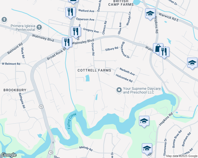 map of restaurants, bars, coffee shops, grocery stores, and more near 3934 Dorset Road in Richmond