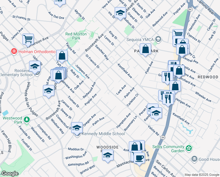 map of restaurants, bars, coffee shops, grocery stores, and more near 1 Doris Court in Redwood City