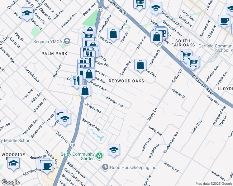 map of restaurants, bars, coffee shops, grocery stores, and more near 225 Orchard Avenue in Redwood City
