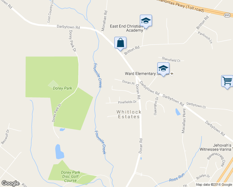 map of restaurants, bars, coffee shops, grocery stores, and more near 7300 Pinefields Place in Richmond
