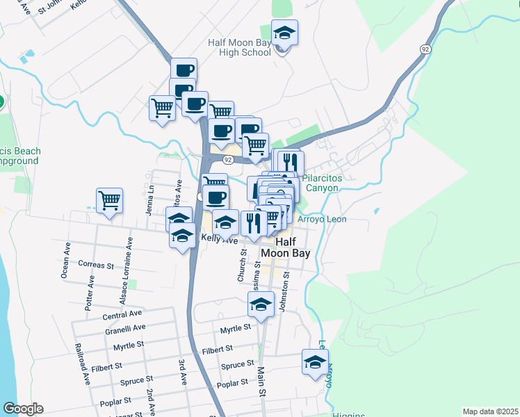 map of restaurants, bars, coffee shops, grocery stores, and more near 334 Purissima Street in Half Moon Bay