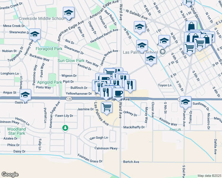 map of restaurants, bars, coffee shops, grocery stores, and more near 1045 Sperry Avenue in Patterson
