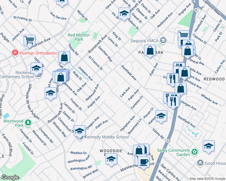 map of restaurants, bars, coffee shops, grocery stores, and more near 1 Doris Court in Redwood City