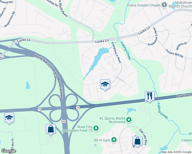 map of restaurants, bars, coffee shops, grocery stores, and more near 12602 Paget Court in Midlothian