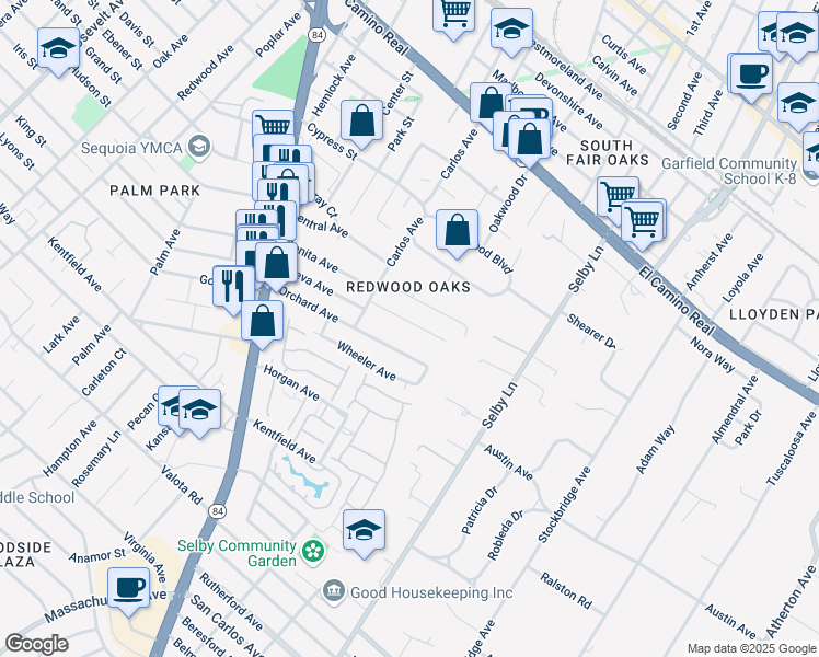 map of restaurants, bars, coffee shops, grocery stores, and more near 302 Encina Avenue in Redwood City