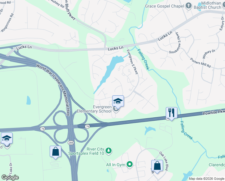map of restaurants, bars, coffee shops, grocery stores, and more near 12532 Saint Croix Place in Midlothian
