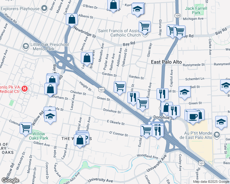map of restaurants, bars, coffee shops, grocery stores, and more near 2118 Addison Avenue in East Palo Alto